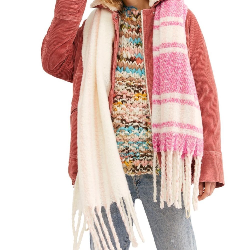 Nwt Free People Gemini Plaid Pink Blanket Scarf - Picture 2 of 5